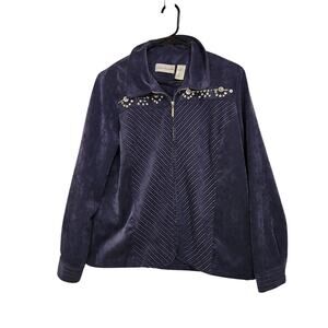Alfred Dunner Navy Blue Zip Embellished Collared Retro Corduroy Jacket Size 14